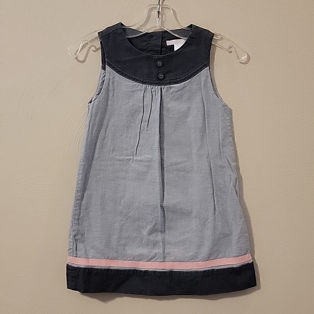 JANIE AND JACK SLEEVELESS TWO-TONED GRAY DRESS WITH PINK RIBBON TRIM, SIZE 3